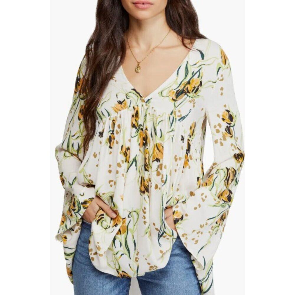 Free People Bella Print Tunic Peasant Top Yellow Floral Women's Sz XS